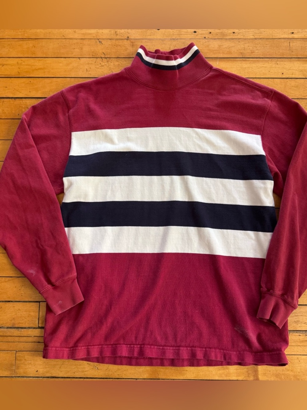 Vintage Lands End Striped Rugby Jersey Mock Collar Heavy Cotton Medium red white